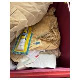 Upholstered Sewing Box and Double Stack Organizer with Assorted Sewing Supplies