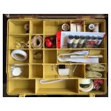 Upholstered Sewing Box and Double Stack Organizer with Assorted Sewing Supplies