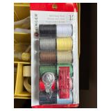 Upholstered Sewing Box and Double Stack Organizer with Assorted Sewing Supplies