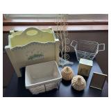Collection of Decorative Baskets, Metal Bin, Tin, and Floral Magazine Holder