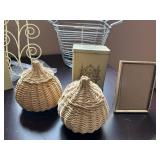 Collection of Decorative Baskets, Metal Bin, Tin, and Floral Magazine Holder