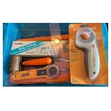 Craft and Hand Tool Lot with Scissors, Rotary Cutters, and Storage Bin