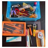 Craft and Hand Tool Lot with Scissors, Rotary Cutters, and Storage Bin