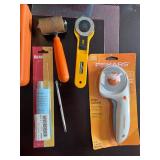 Craft and Hand Tool Lot with Scissors, Rotary Cutters, and Storage Bin