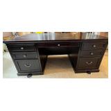 Large Dark Wood Executive Office Desk with Drawers and Cable Ports