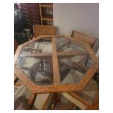 Octagonal Glass Top Dining Table with 6 Wood and Rattan Chairs