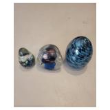 Set of 3 Art Glass Paperweights with Swirl and Floral Designs