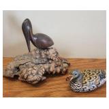 Set of 2 Handcrafted Bird Figurines - Duck and Pelican on Burl Wood