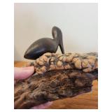 Set of 2 Handcrafted Bird Figurines - Duck and Pelican on Burl Wood
