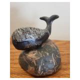 Carved Stone Animal Figurines - Bear and Whale on Rock Base