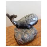 Carved Stone Animal Figurines - Bear and Whale on Rock Base