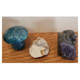 Group of 3 Stone Animal and Mushroom Figurines - Alabaster, Fossil, Amethyst