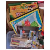 Large Bin of Mixed Art Supplies, Toys, and Plush Animals