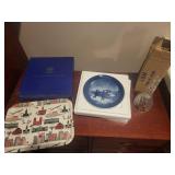 Royal Copenhagen 1987 Porcelain Plate, Italian Crystal Bell, and Decorative Tray Set