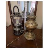 Pair of Table Lanterns - Electric Brass Lamp and LED Battery Lantern