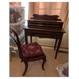 Antique Wood Writing Desk with Chair and Floral Upholstered Seat