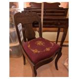 Antique Wood Writing Desk with Chair and Floral Upholstered Seat