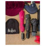 Assorted Hats and Umbrellas Collection Including The Beatles Beanie and Nike Visor