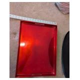 Copper-Tone Embossed Metal Tub and Red Serving Tray Set