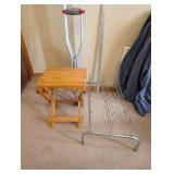 Folding Wooden Stool, Adjustable Crutch, and Metal Shoe Rack Set