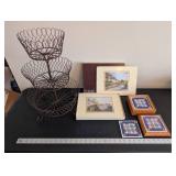 Decorative 3-Tier Metal Basket Stand with Framed Art Prints and Tile Coasters Set