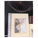 Decorative 3-Tier Metal Basket Stand with Framed Art Prints and Tile Coasters Set