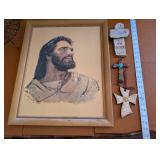 Christian Wall Art Set with Framed Jesus Portrait and 3 Decorative Crosses