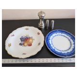 Vintage Plate Set with Fruit Motif, Blue Pattern Plate, and Stanley Roberts Velvet 18-8 Stainless Salt and Pepper Shakers with Grinder