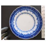 Vintage Plate Set with Fruit Motif, Blue Pattern Plate, and Stanley Roberts Velvet 18-8 Stainless Salt and Pepper Shakers with Grinder