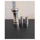 Vintage Plate Set with Fruit Motif, Blue Pattern Plate, and Stanley Roberts Velvet 18-8 Stainless Salt and Pepper Shakers with Grinder