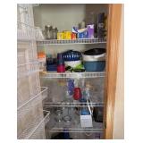 Large Kitchen Pantry Lot with Glass Storage Jars, Containers, Cookware, and Assorted Utensils