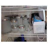 Large Kitchen Pantry Lot with Glass Storage Jars, Containers, Cookware, and Assorted Utensils