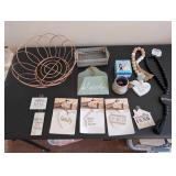 Home Decor Lot with Wire Basket, Signs, and Beaded Garlands