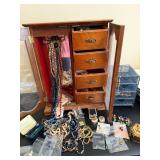 Vintage Wooden Jewelry Box with Beaded Necklaces, Earrings & Accessories