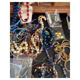 Vintage Wooden Jewelry Box with Beaded Necklaces, Earrings & Accessories