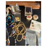 Vintage Wooden Jewelry Box with Beaded Necklaces, Earrings & Accessories