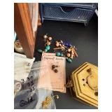 Vintage Wooden Jewelry Box with Beaded Necklaces, Earrings & Accessories