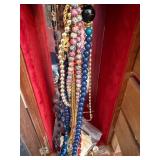 Vintage Wooden Jewelry Box with Beaded Necklaces, Earrings & Accessories