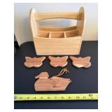 Wooden Caddy with 3 Butterfly and One Loon Ornaments (Lot of 5)
