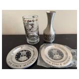 Air Force Academy Collectible Glass, Silver Vase & 2 Coasters - Display Set (Lot of 4)