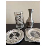 Air Force Academy Collectible Glass, Silver Vase & 2 Coasters - Display Set (Lot of 4)