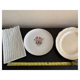 White Ceramic Dinnerware Set - Textured Rectangular Platter, Floral Round Plate, Scalloped Rim Plate