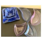Leaf-Shaped Glass Dishes (Lot of 5) & Blue Ceramic Nesting Bowls