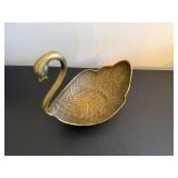 Brass Swan-Shaped Bowl with Handle - Ornate Feather Pattern Centerpiece