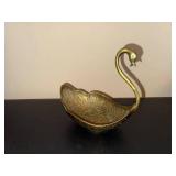 Brass Swan-Shaped Bowl with Handle - Ornate Feather Pattern Centerpiece