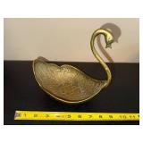 Brass Swan-Shaped Bowl with Handle - Ornate Feather Pattern Centerpiece