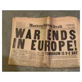 Monterey Peninsula Herald Front Page - War Ends in Europe May 7, 1945