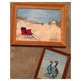 Paintings (Lot of 2) - Winter Snow Scene with Red Sleigh & Lovers Geese, Framed
