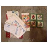 Linen Napkins with Blue Embroidery & 4 Green-Framed Cross-Stitch Panels