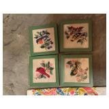 Linen Napkins with Blue Embroidery & 4 Green-Framed Cross-Stitch Panels